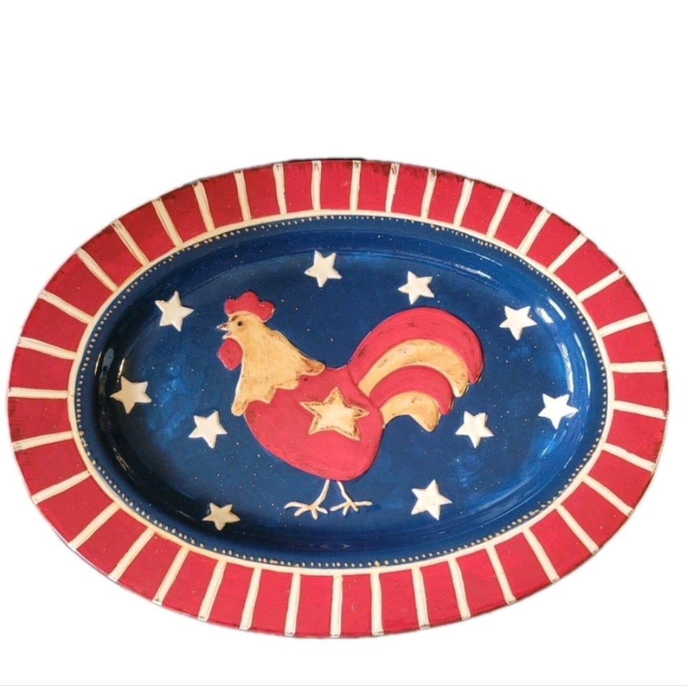 Vintage Patriotic Rooster Star Ceramic Serving Platter Americana Cottage Core